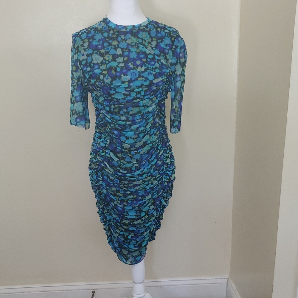Ganni Blue Sequin Bodycon Dress with 3/4 Sleeves